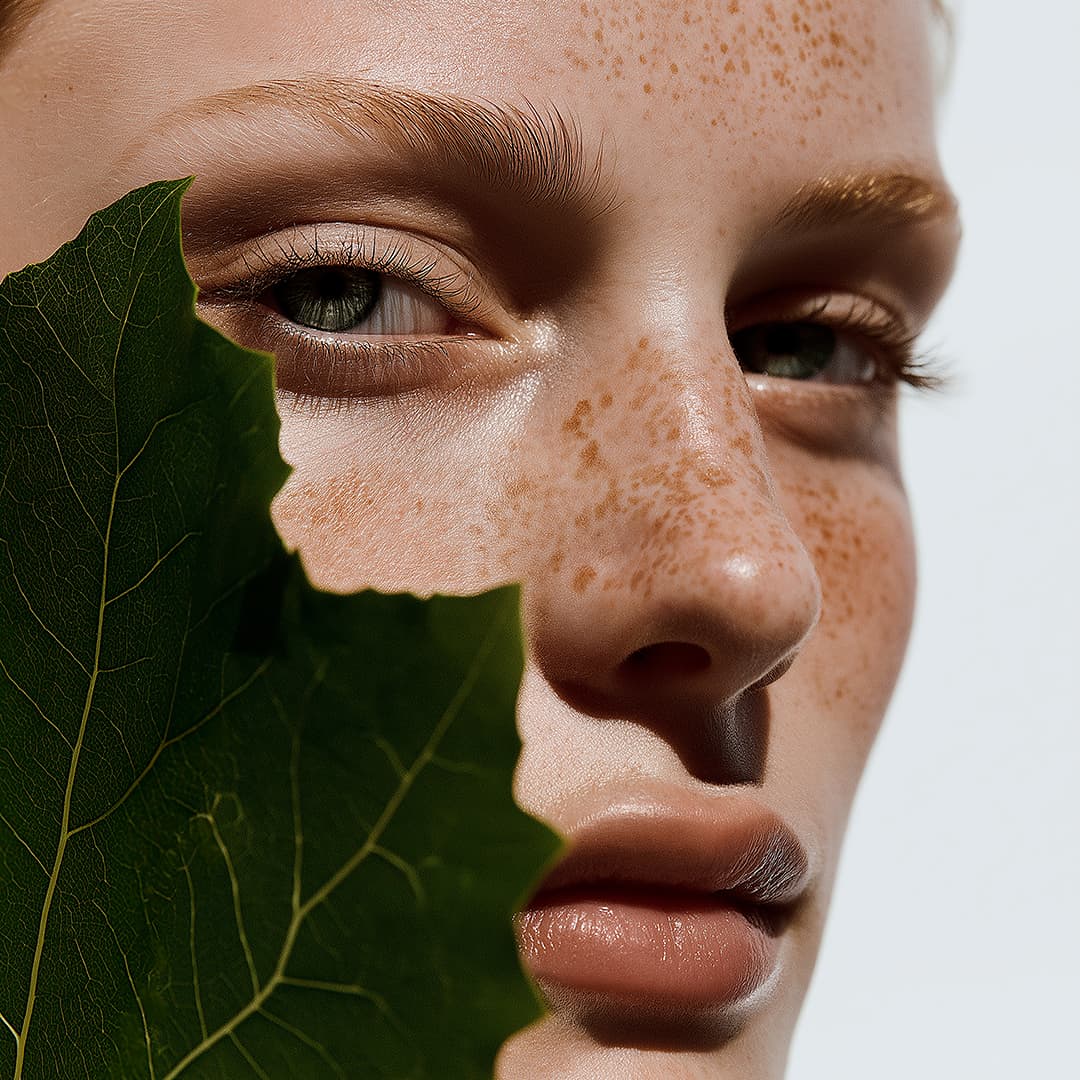 Femme rousse avec une feuille qui cache une partie de son visage